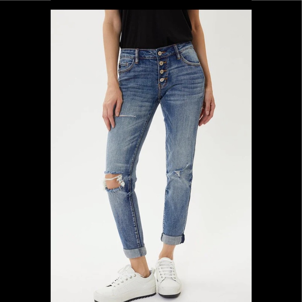 KanCan Mid Rise Girlfriend Distressed Knee Jean